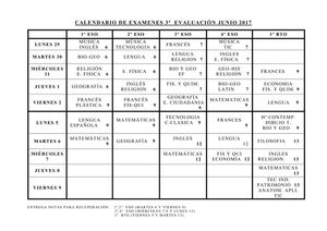 Calendario Examenes 3a Evaluacion ESO y 1 Bach 16 17
