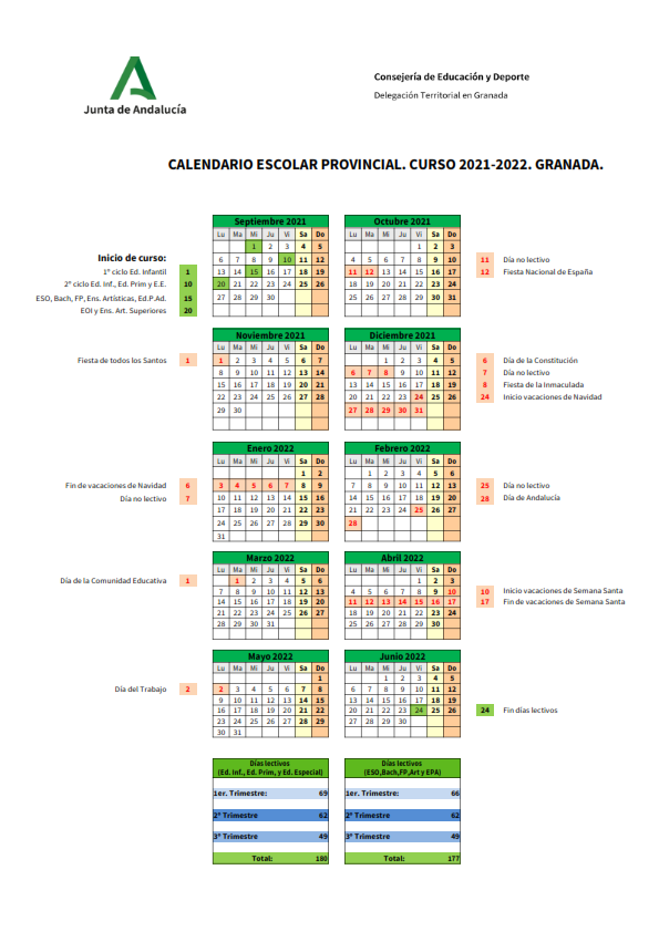 Calendario escolar 2020 2021 Granada Junta de Andalucia